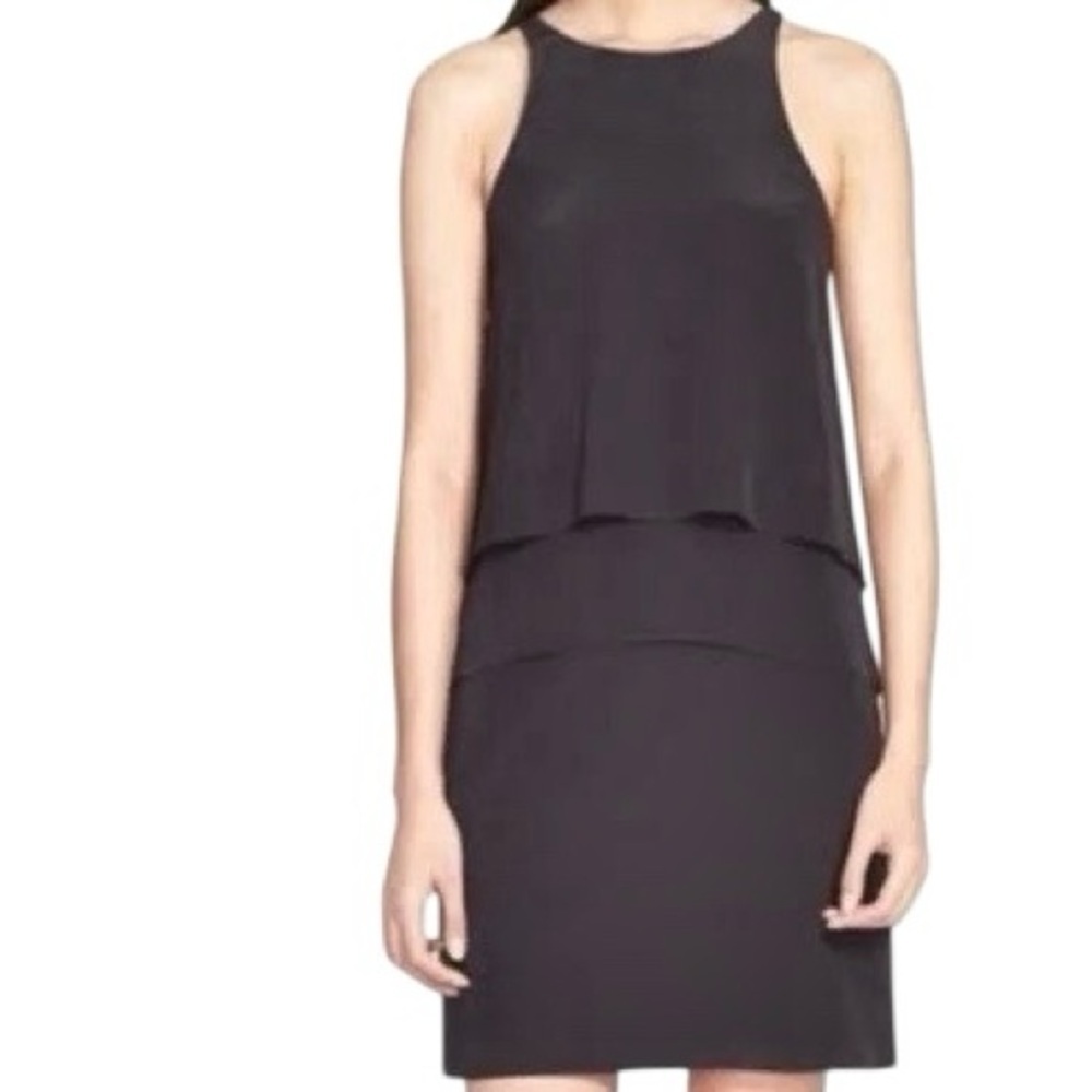 NWT Tibi Black 100% Silk Layered Panel Sleeveless Mini Shift Dress Size 2